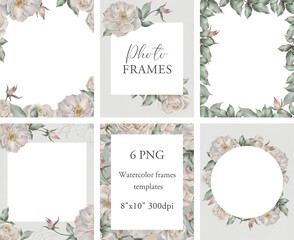 Roses frames templates. Borders bundle. Watercolor frames clipart with flowers. Transparent...