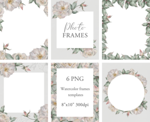 Roses frames templates. Borders bundle. Watercolor frames clipart with flowers. Transparent background.