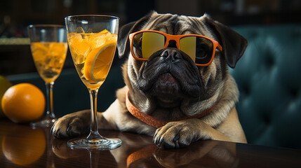 cool pug dog wearing sunglass - obrazy, fototapety, plakaty