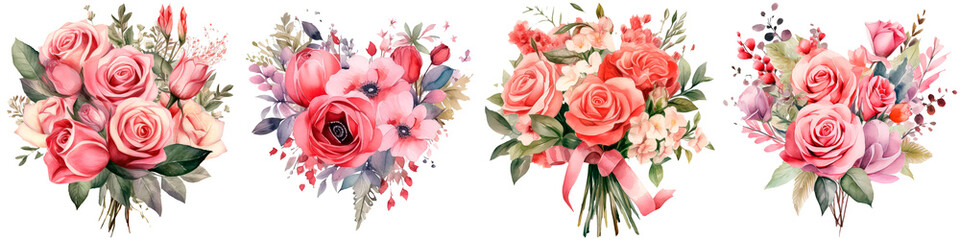 A bouquet of flowers, watercolor illustration on white background, concept valentine's day