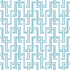 Seamless geometric pattern with interlaced light blue thin lines on a white background. Retro style striped rectangles. Elegant linear texture. Vector illustration.