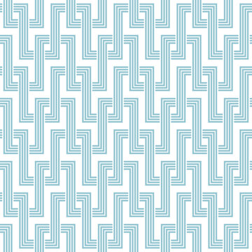 Seamless geometric pattern with interlaced light blue thin lines on a white background. Retro style striped rectangles. Elegant linear texture. Vector illustration.