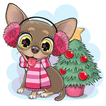 Cute Cartoon Dog Chihuahua sitting near Christmas tree