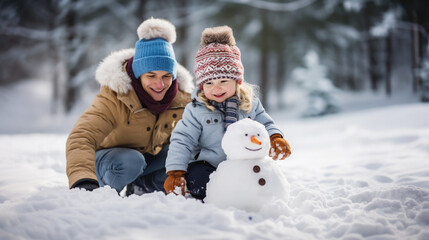Fototapeta na wymiar child makes a snowman in winter, childhood, white snow, kid, toddler, childhood, outdoor fun, new year, holidays, christmas, family, walk in the park, parents, together, happy, smile, love, dad, joy