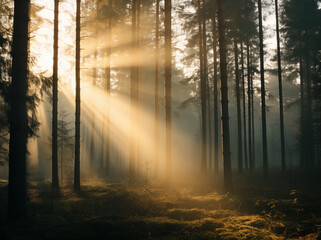 Sun beams shining through the mist in a forest
