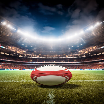 Closeup of rugby ball on grass field in large stadium at night