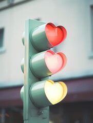 
Close-up of a traffic light with heart shaped lights, pastel, analog photography, tilt-shift
Sign of love, status love. Valentine day concept