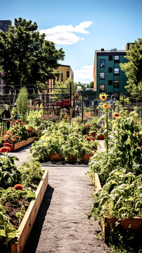A man tends to plants in a bustling community garden in an urban village, surrounded by vibrant city life and greenery.