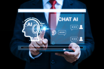 Chat Bot AI. business people hand touching on AI chatbot virtual icon diagram with mobile smart phone, artificial intelligence, futuristic technology, business development, digital marketing concept