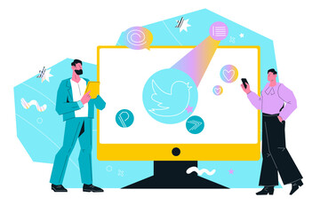 SMM management, innovation, brainstorming concept. Marketing and SMM management effective strategies and techniques to optimize social media marketing efforts, isolated flat vector illustration.