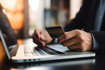 close-up of a man's hand holding a credit card as it makes contact with a laptop, highlighting online shopping, secure payments, and digital financial interactions - obrazy, fototapety, plakaty