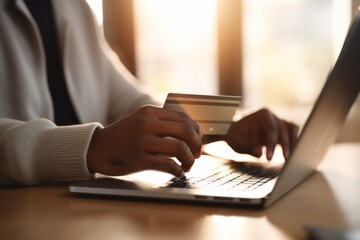 Fototapeta premium An individual seen from behind, holding a credit card while making an online payment