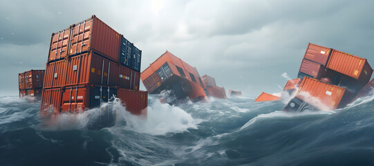 Group of shipping containers floating in the rough waters with big waves,concept for freight and transportation,containership accident - obrazy, fototapety, plakaty