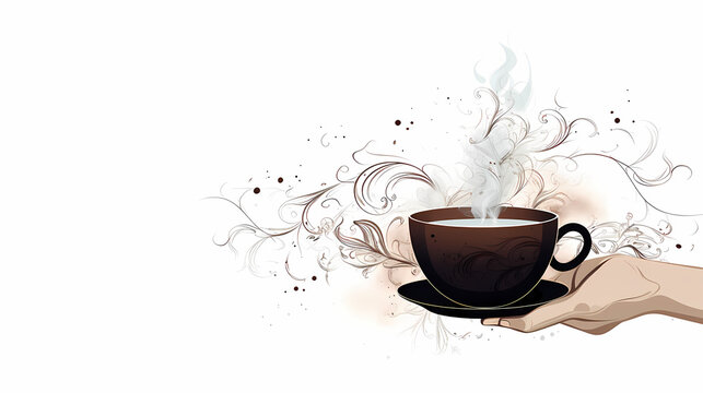 A minimalist sketch highlighting the simple pleasure of a hand holding a perfectly brewed cup of coffee, the steam forming abstract patterns in the air