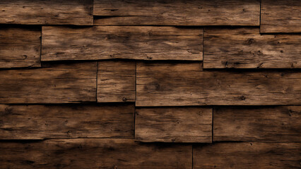 Old rustic wooden wall. Rough mosaic wall made of uneven boards. Wood texture. Abstract background with copy space