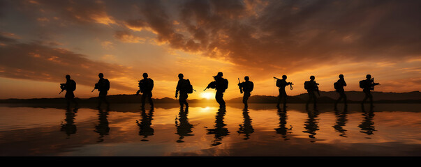 banner featuring the silhouettes of military soldiers against the backdrop of a striking sunset. Evoking themes of heroism, sacrifice, and patriotism - obrazy, fototapety, plakaty
