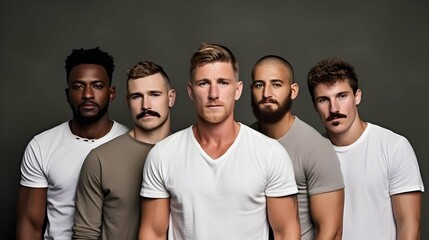 Group of men standing together, multicultural male beauty.