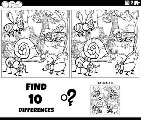 differences game with cartoon insects and snail coloring page