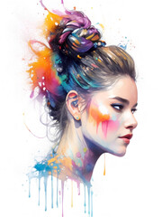Naklejka premium Portrait of beautiful woman with messy bun, creative make-up and colorful blots. Watercolor illustration