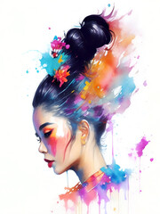 Portrait of beautiful asian woman with messy bun, creative make-up and colorful blots. Watercolor illustration