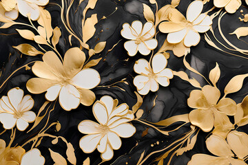 Marble abstract background with flowers in black, white and gold. Acrylic paint. Decoration for wallpaper desktop, poster, cover booklet