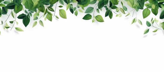 An abstract summer pattern of green leaves and trees creates a vibrant texture forming a beautiful frame against a white background perfect as a wallpaper for your garden or nature inspired
