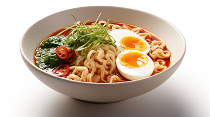 Asian ramen noodles soup with egg, pork and bamboo shoots in bowl is isolated on white background, Japanese cuisine.