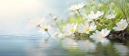 In the beautiful summer landscape a white floral background emerges showcasing the delicate beauty of nature s art as the light glistens on the water evoking a sense of tranquility and invit