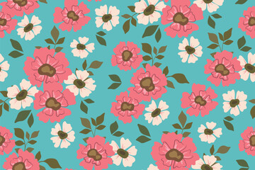 Seamless floral pattern, liberty ditsy print with vintage motif. Romantic botanical design with a blooming garden: small hand drawn flowers, leaves, bouquets on a blue background. Vector illustration.