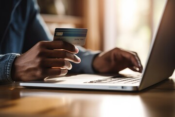 An individual using a desktop computer to make an online purchase with a credit card