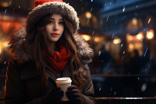 Beautiful Woman Holding a Cup of Coffee Outdoor Snowing Merry Christmas Cold Winter depicting Warmth Happy Waiting for Love Festive Mood 