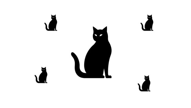Zoom in and out animation the cat symbol. Large black symbol in the center and four small symbols around. Seamless looped 4k animation on white background