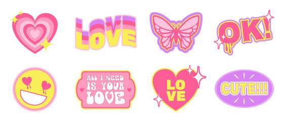 Valentine's Day sticker pack in Y2K retro aesthetic, set of cute drawings, hearts, butterfly, face and abstract forms with short cheerful phrases. Vector illustration.