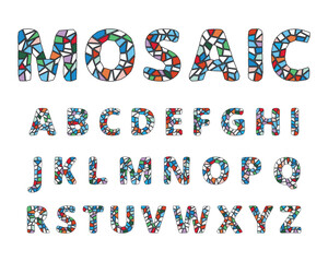 Mosaic colourful alphabet set isolated on white background. Cartoon flat style. Vector illustration
