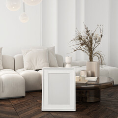 Frame mockup, ISO A paper size. Living room wall poster mockup. Interior mockup with house background. Modern interior design. 3D render
