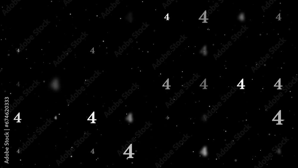 Poster template animation of evenly spaced number four symbols of different sizes and opacity. animation of