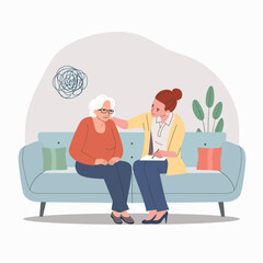 Sad elderly woman talking with psychologist on the sofa. Psychological support. Doldrums concept. Vector flat cartoon  illustration