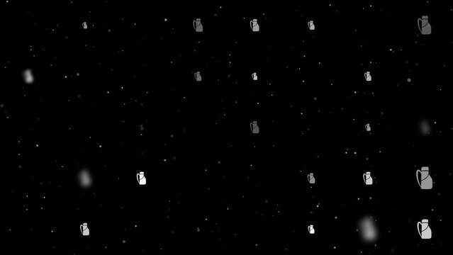 Template animation of evenly spaced travel backpack symbols of different sizes and opacity. Animation of transparency and size. Seamless looped 4k animation on black background with stars