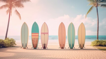 standing surf board on the summer beach sand with palm trees