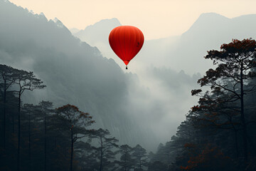 Red hot air balloon in the mountain