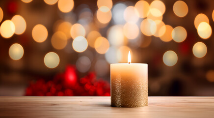 Close up of a burning candle with blurred Christmas background and copy space for text