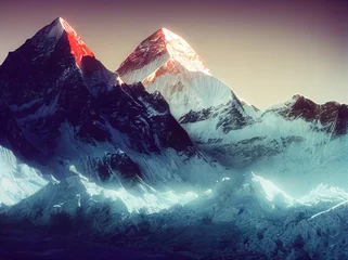 Foto op Plexiglas The ethereal grandiosity of the snow-laden needlelike crags. A secluded and unreachable high-mountain enclave illuminated by the glorious radiance of the day © jockermax3d
