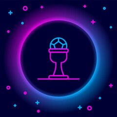 Glowing neon line Award cup and football ball icon isolated on black background. Winner trophy symbol. Championship or competition trophy. Colorful outline concept. Vector