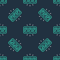 Line Slot machine with lucky sevens jackpot icon isolated seamless pattern on black background. Vector