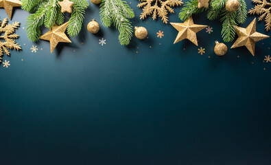 Christmas and new year background concept. Top view of Christmas ball, christmas brance, star and...