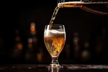 Bartender pours beer from glass bottle - obrazy, fototapety, plakaty
