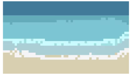 Poster Game summer ocean panorama. landscape. 8bit arcade seascape vector background or 16 bit console sea sunset backdrop  Indie pixel game tropical nature screen wallpaper, 8 bit pixel art,  © Xharites