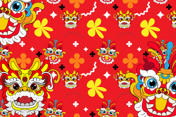 Background seamless pattern dragon barongsai chienese illustration. Design good for wallpaper or screen print paper