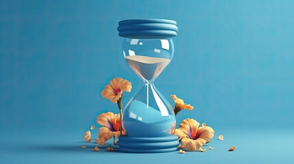 Hour Glass clock with flowers on blue background - obrazy, fototapety, plakaty