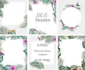 Tropical frames templates. Borders bundle. Watercolor frames clipart with flowers. Transparent background
